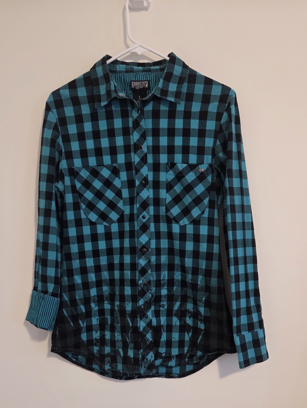 Iron Fist Teal & Black Buffalo Plaid Button Down Shirt Skull Graphic